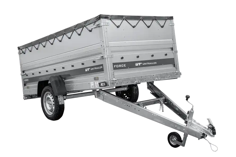 Markenprodukt Leichter Anhänger 264x125 UNITRAILER FORCE 264 KIPP mit BIS-Seitenwänden, H-0-Rahmen und grauer Plane